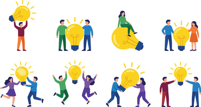 Creative Ideas and Teamwork Illustrations Featuring Lightbulbs, Collaboration, and Innovation
