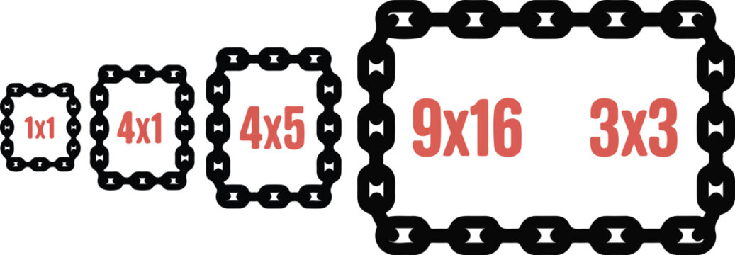 Black metal chain border frames set with various social media aspect ratios including square vertical and widescreen vector illustration