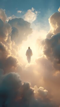 Jesus Christ ascends to heaven in a realistic image with clouds and sunlight