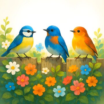 Cute colorful birds perched on wooden fence with flowers on white background