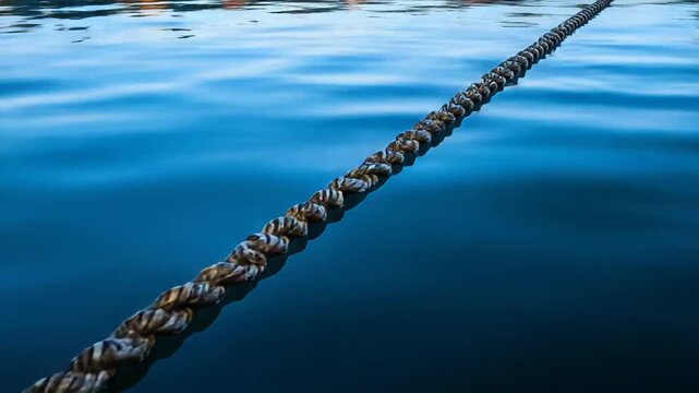 Thick nautical rope with a strong knot extending diagonally across calm ocean water, symbolizing stability, connection, and a journey's anchor against the vast expanse
