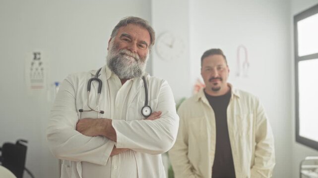 Doctor with stethoscope arms crossed, male patient standing behind him near eye chart in medical office building; experienced care reassurance.