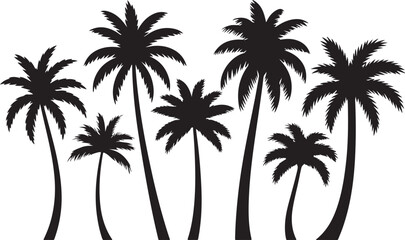 Fototapeta premium Set of palm tree silhouettes in various sizes and shapes representing tropical nature plants for beach landscape background.