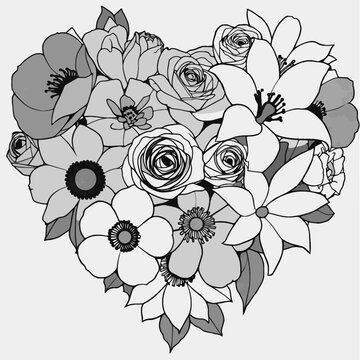 Gray and white flowers bouquet inside heart shape.

Elegant flat vector illustration of a romantic botanical greeting card template. The artwork showcases a highly detailed grayscale comp