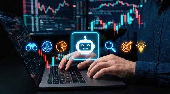 Person using a laptop with a trading bot interface and stock market charts in the background automation financial analysis investment cryptocurrency technology computer interface business
