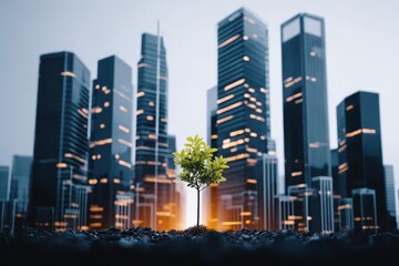 Fototapeta premium Shimmering glass towers use clean renewable energy for a green climate and achieve ultimate eco city sustainability.
