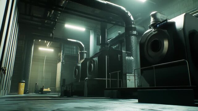 Industrial facility featuring a labyrinth of heavy machinery, interconnected pipes, and glowing fluorescent lights, creating an atmosphere of technological power and intricate engineering