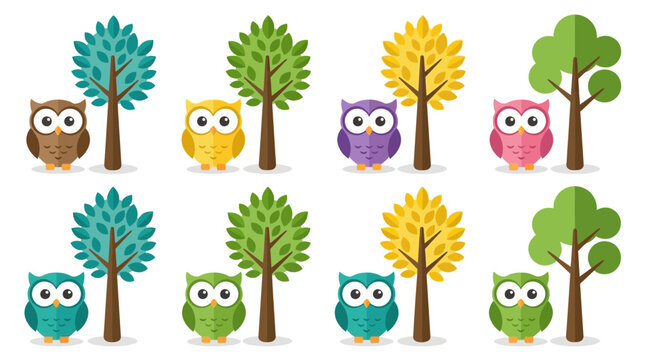 Cute cartoon owls on tree branches through the four seasons