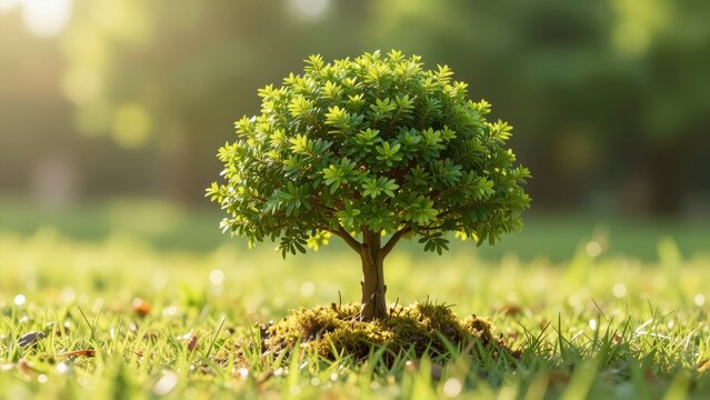 Miniature Tree Growing in Mossy Ground with Sun Flare