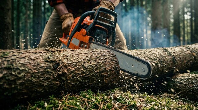 Man in plaid shirt and gloves operates chainsaw cutting through a large log in a forest, with sawdust flying and trees visible in the background, showcasing a woodworking scene