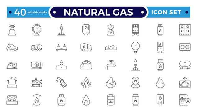 Oil and Gas Energy Icon Set with Fuel Barrel, Pipeline, Tank, Refinery, Power Plant, and Industrial Equipment Symbols for Petroleum, Transportation, Storage. Editable stroke outline icon.