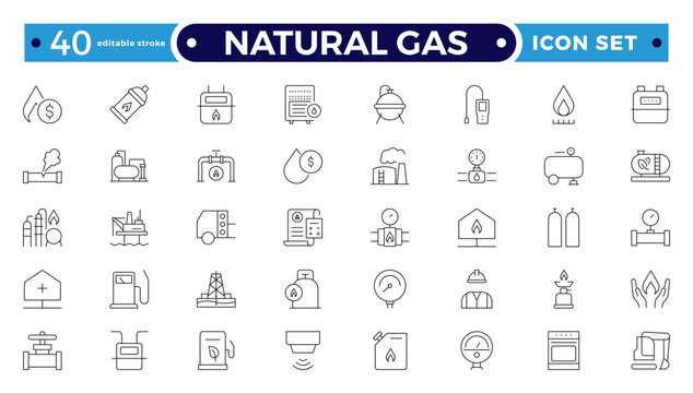 Oil and Gas Energy Icon Set with Fuel Barrel, Pipeline, Tank, Refinery, Power Plant, and Industrial Equipment Symbols for Petroleum, Transportation, Storage. Editable stroke outline icon.