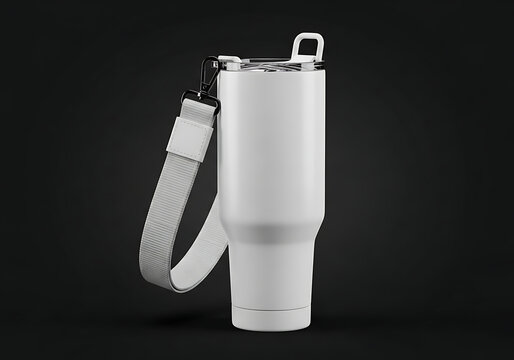 Isolated white stainless steel tumbler cup with carrying strap, blank drinkware mockup for branding, promotional merchandise