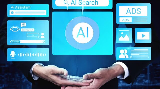 Hands Holding AI Search Interface with Digital Icons Representing Assistant, Communication, Advertising, and Data Visualization in Modern Technology Gluon.