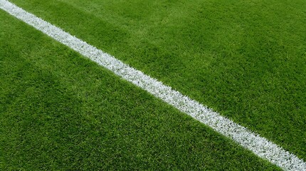 Fototapeta premium Close up view of a white painted boundary line on a vibrant green grass field surface for sports stadium pitch markings and outdoor athletic ground texture