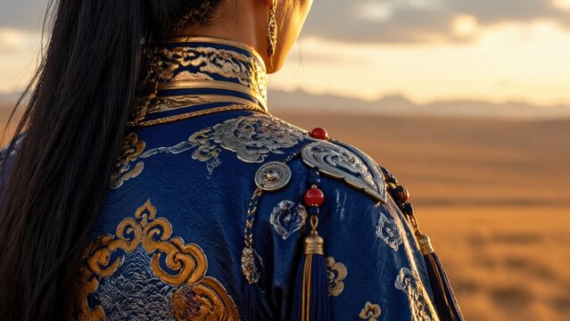 Woman in traditional blue embroidered attire with intricate patterns and tassels stands against a sunset landscape, showcasing cultural heritage and craftsmanship in a serene outdoor setting