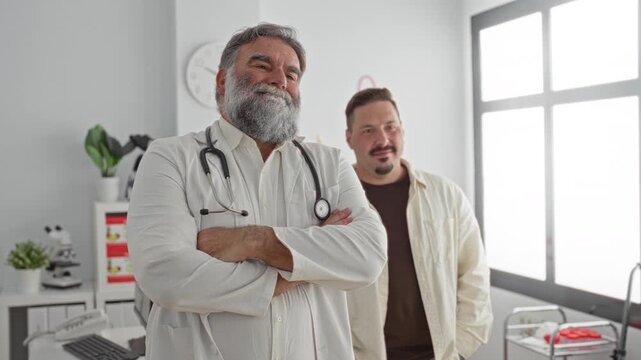 Man doctor with stethoscope standing with arms crossed in a clinic office building; professional care confidence.