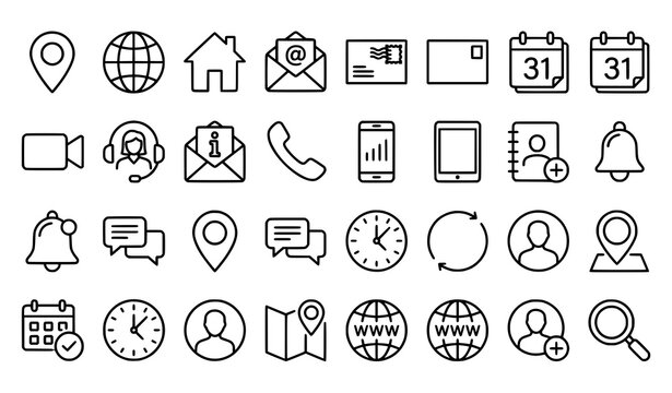 Communication and contact outline icons set editable stroke geo tag mail calendar and support vector collection