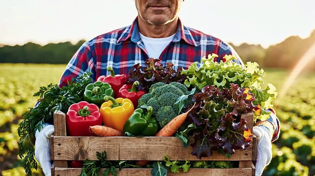Farmer holding a wooden crate of fresh vegetables.