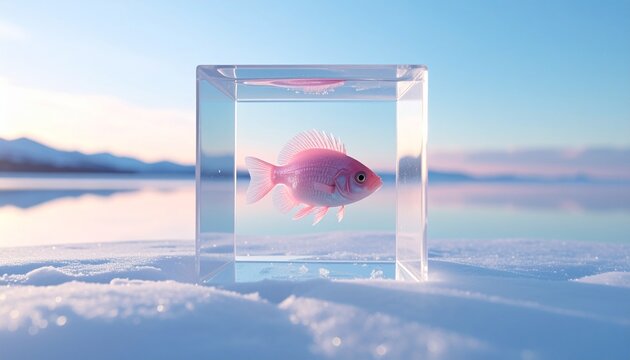 Pink fish trapped in ice cube on snowy beach at sunset