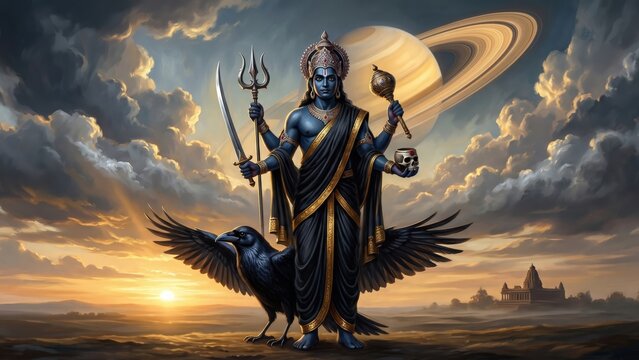 Shani Dev Saturn Warrior &ndash; Mythological Divine Oil Painting