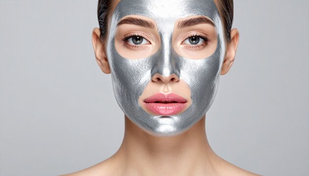 Woman with silver face mask for skincare and beauty treatment