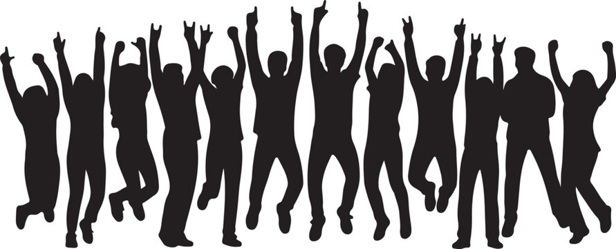 Silhouettes of a group of happy people jumping and celebrating with hands raised up