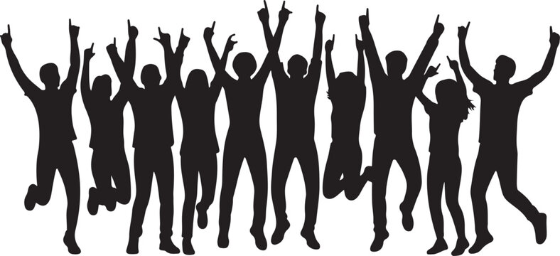 Group of happy people jumping and celebrating with hands up, silhouette