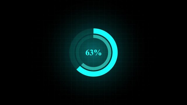 Futuristic cyan Circular Progress Bar Interface with 100 Percent Loading Indicator on Dark Background. Circle loading bar icon animation. 