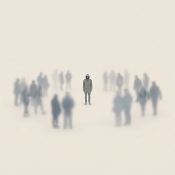 Lone individual standing in the center of a circular formation of blurred people representing social detachment and the feeling of being an outsider in a crowd