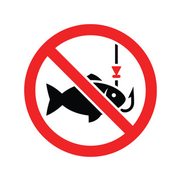 No fishing allowed sign with a fish and a hook icon for restricted areas and environmental protection zones Vector