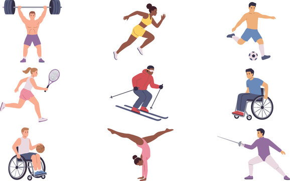 Diverse Athletes in Action Across Different Sports Including Weightlifting, Running, Skiing, Football, Tennis, Gymnastics, and Wheelchair Sports