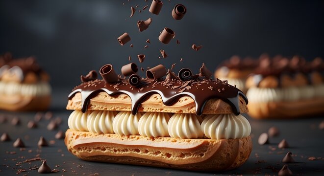 Delicious chocolate eclair with cream filling and chocolate shavings falling on top, dark background