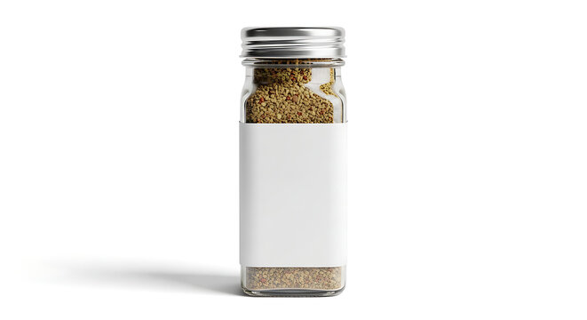 Isolated square glass spice jar with blank label for branding, filled with dry herbal seasoning, culinary storage, pantry supply