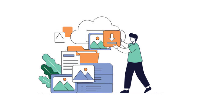 Man organizes digital media by moving image folders and cloud storage icons in a conceptual illustration of data management.