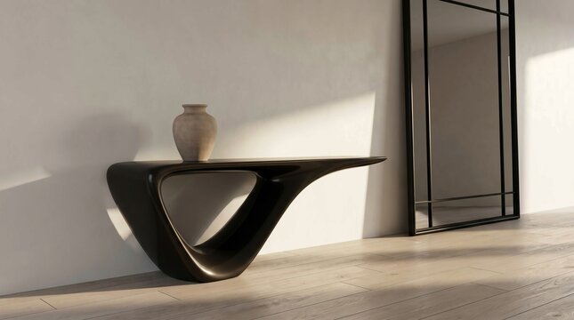 Dramatic matte black console table with sweeping curved silhouette, single raw white ceramic vase. Tall thin-framed mirror, light oak floor, soft raking sunlight.
