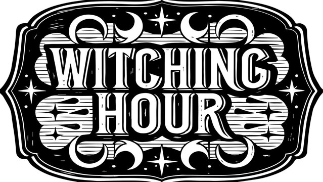 SVG dark spooky typography tattoo illustration vector. Vintage Typography Design for Witching Hour with Moon Elements