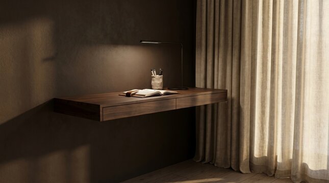 Wall-mounted dark walnut desk with slim drawers, minimal task lamp, open book and clay pencil cup. Soft linen drapes filter warm raking light.