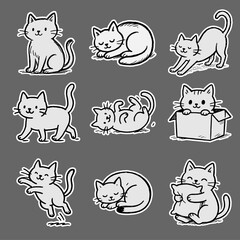Kawaii Chibi Grey Cat Poses and Activities Sticker Set © CllifforD