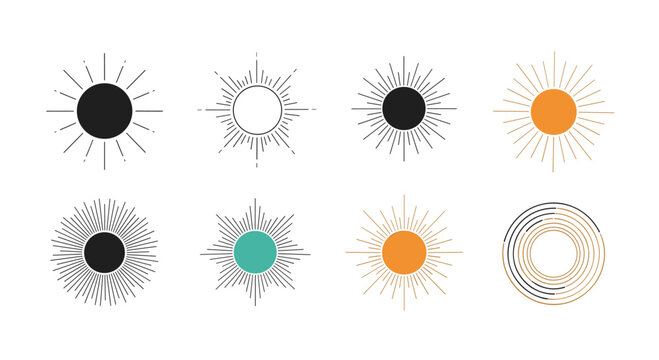Collection of minimalist sun and star burst icons in various styles and colors including black orange and teal on a white background.