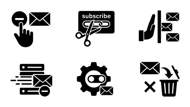 Email Management Icons: Unsubscribe, Delete, Spam, Inbox Organization, Automation, 6 Vector Elements for Digital Communication