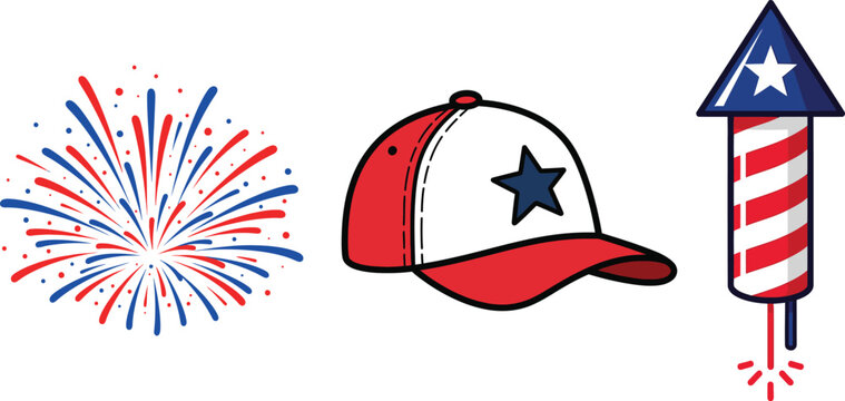 American independence day celebration fireworks patriotic hat rocket vector illustration