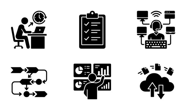 Business Process Management Icons, Workflow Diagram, Data Analysis Charts, Cloud Computing Upload, Time Management, Task List Vector Set