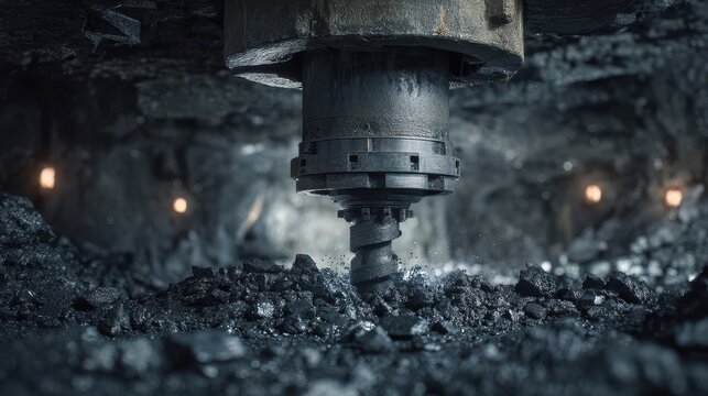 Industrial drill bit boring into a coal seam in a mine