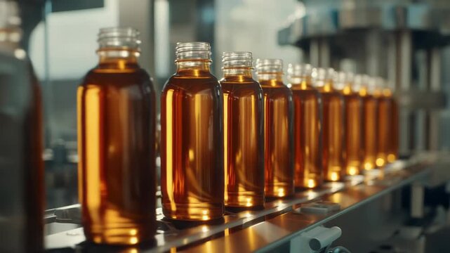 Glass bottles filling with liquid medicine moving along a factory conveyor belt, symbolizing automation, precision, and efficiency in the healthcare industry