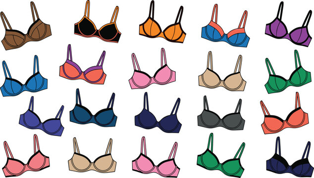 Colorful Women Bra Vector Collection Featuring Stylish Lingerie and Modern Underwear Fashion Designs for Apparel Illustration Design Projects