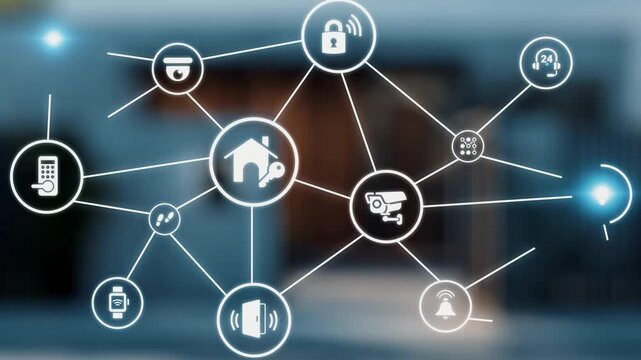 Home security icons show smart home, surveillance, and safety devices. Home security ensures monitoring, home security protection, and smart access. Gist