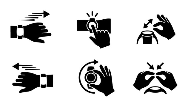 Gesture Control Icons Set, Touchscreen Interaction Symbols, Digital Interface Navigation, Smartwatch Gestures, Hand Signals for UI Design