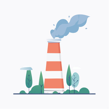 Industrial chimney emitting smoke, surrounded by stylized trees