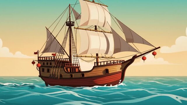 Traditional Chinese Sailing Ship Maritime Silk Road Minimal Illustration Background